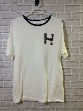 Tommy Hilfiger White T‑Shirt with Navy Trim and Red Accent H Logo, large